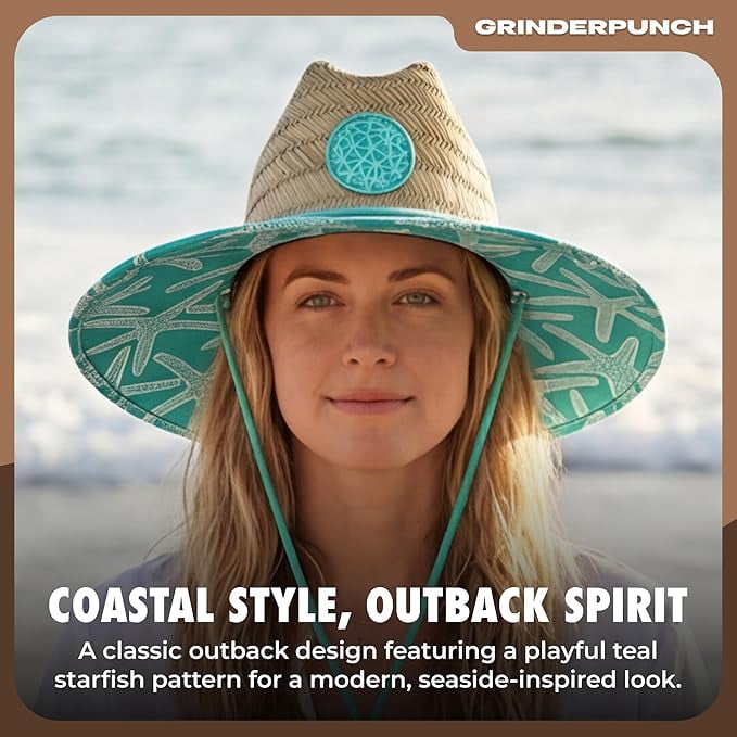Grinderpunch Lifeguard Hat Mens Straw Sun Hat for Beach, Outdoor, and Travel | UPF 50+ Sun Protection | Wide Brim Straw Beach Hat | Classic Sun Hat for Men and Women ( Teal Starfish )