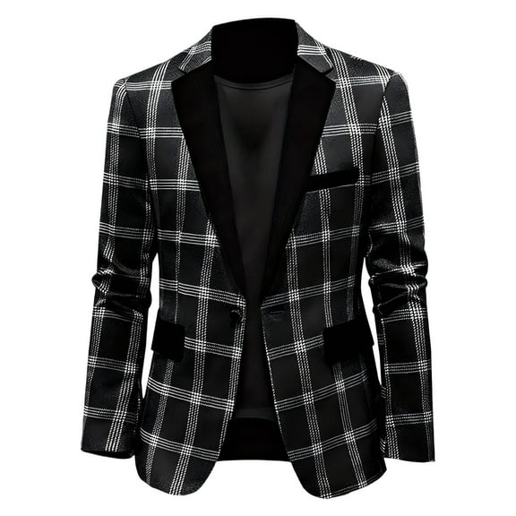 RYDCOT Mens Trendy Plaid Lapel Suit Jacket Slim Fit Casual and Handsome Small Suit Jacket Black