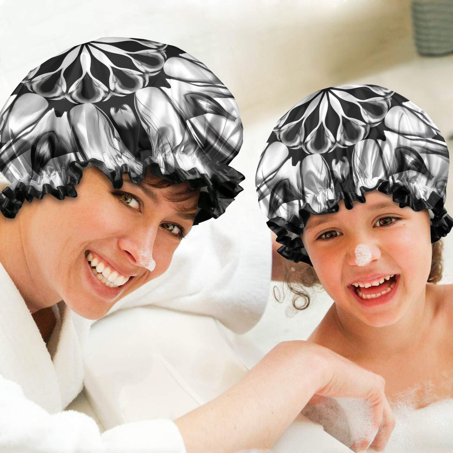 Shower Caps,Black White Tie Dye Mandala Pattern Waterproof Shower Cap for Women 4 Pieces,Double Reusable Hair Cover for Shower PEVA Elastic Stretch Hem