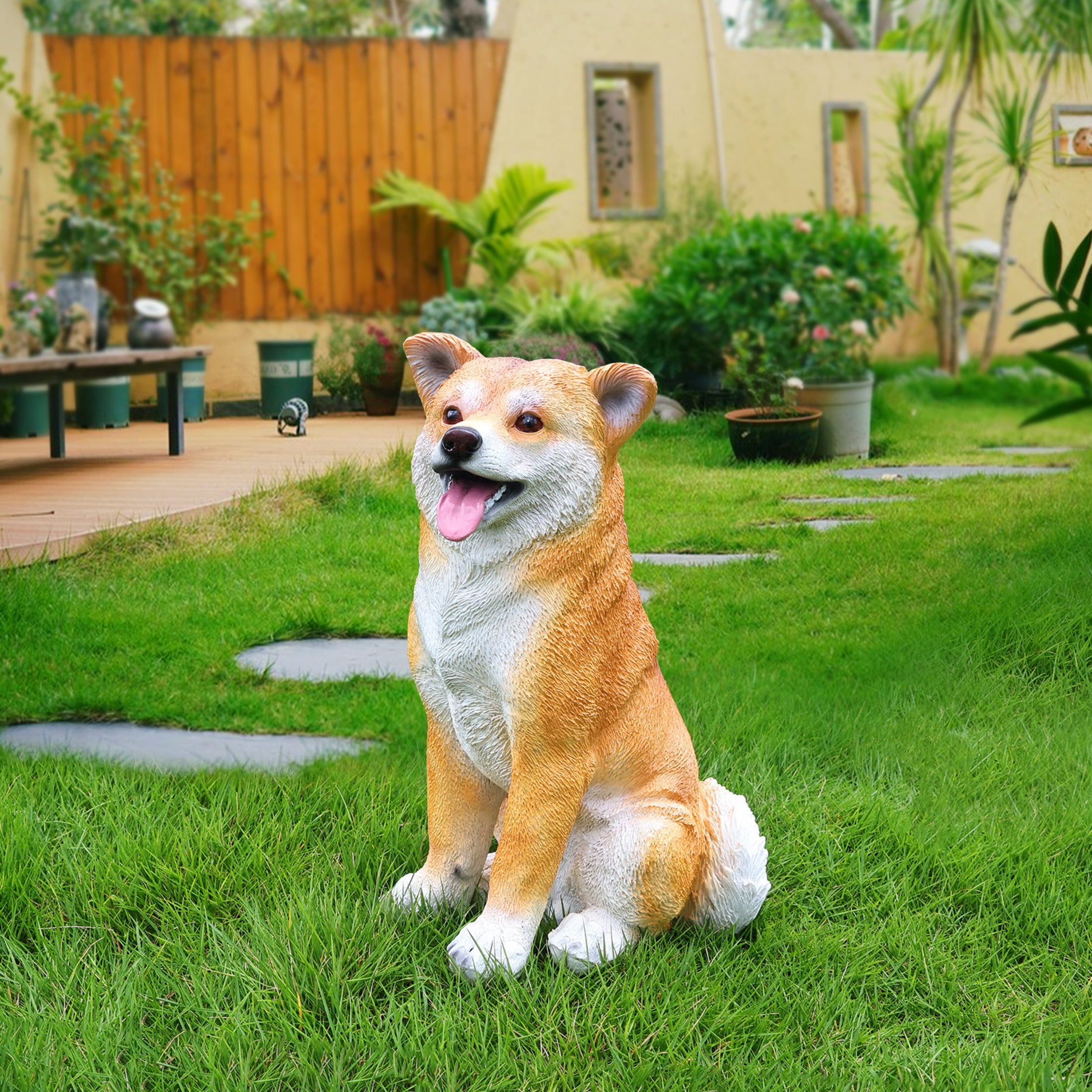 Noble House Lifelike Sitting Shiba Inu Statue, Realistic Resin Animal Figurine for Outdoor Garden Decor, Brown White