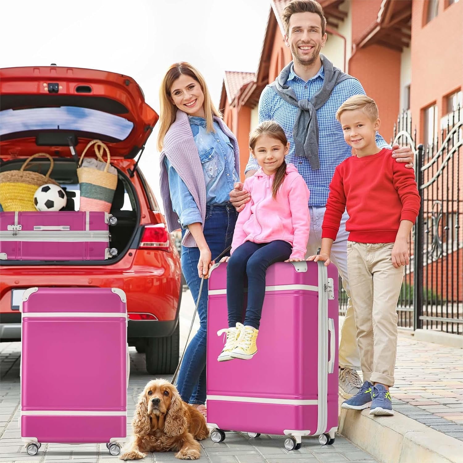 LuxyHoom 4 Piece Hardshell Luggage Sets with TSA Lock, Spinner Suitcase w Cosmetic Case, Lightweight ABS, 360° Wheels, Expandable Travel Business Luggage for Women, Men, Kids12",20",24",28" Pink