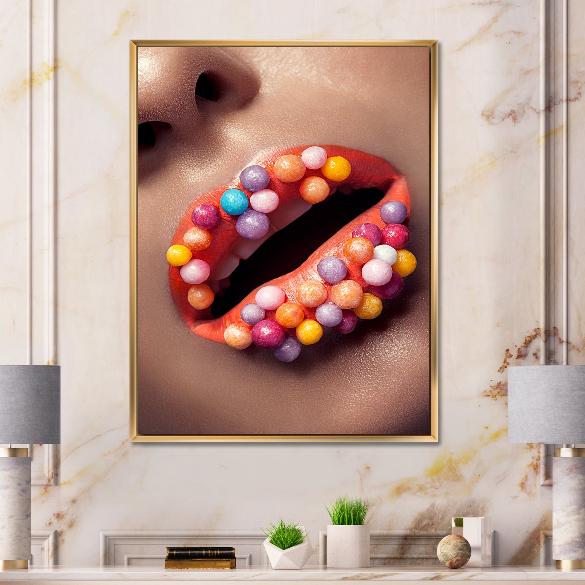 Designart 'Close Up of Creative Make Up On Woman Lips With Lolipops' Modern Framed Canvas Wall Art Print