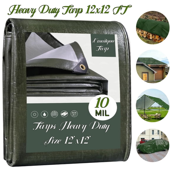 Heavy Duty Tarp 12x12 ft - 10 Mil Waterproof Poly Tarp, UV & Tear Resistant with Reinforced Grommets & Edges, Multipurpose Outdoor Cover for Boat Camping Roof