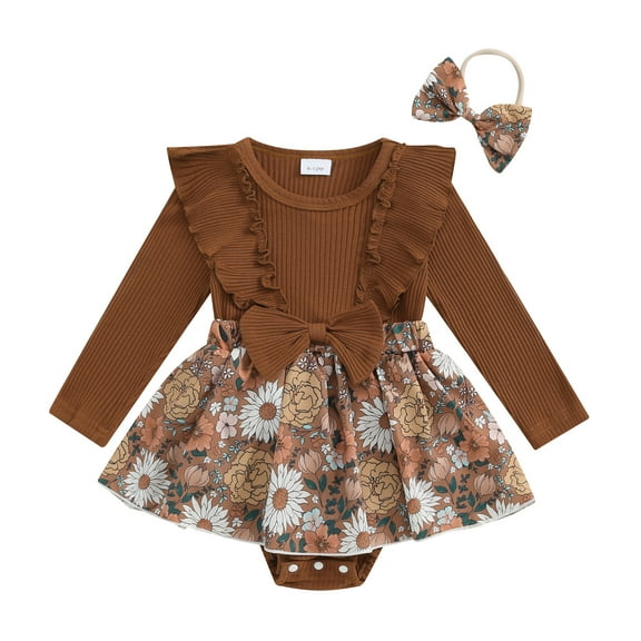 Elippeo Baby Girl Fall Outfit 3 6 12 18 24 Months Flower Print Ruffle Trim Long Sleeve Romper Dress Bow Headband 2 Piece Set