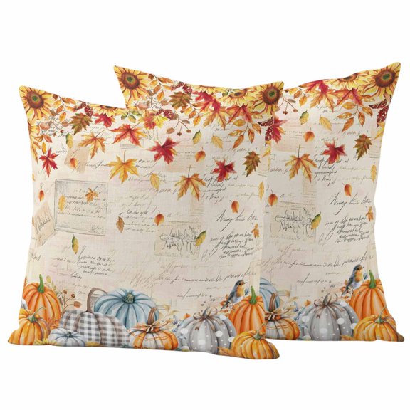 Outdoor Pillow Covers 26 x 26 Inches, Orange Fall Waterproof Throw Pillow Cover Set of 2, Thanksgiving Maple Leaf Birds Vintage Decorative Square Cushion Covers for Patio/Tent/Couch/Garden