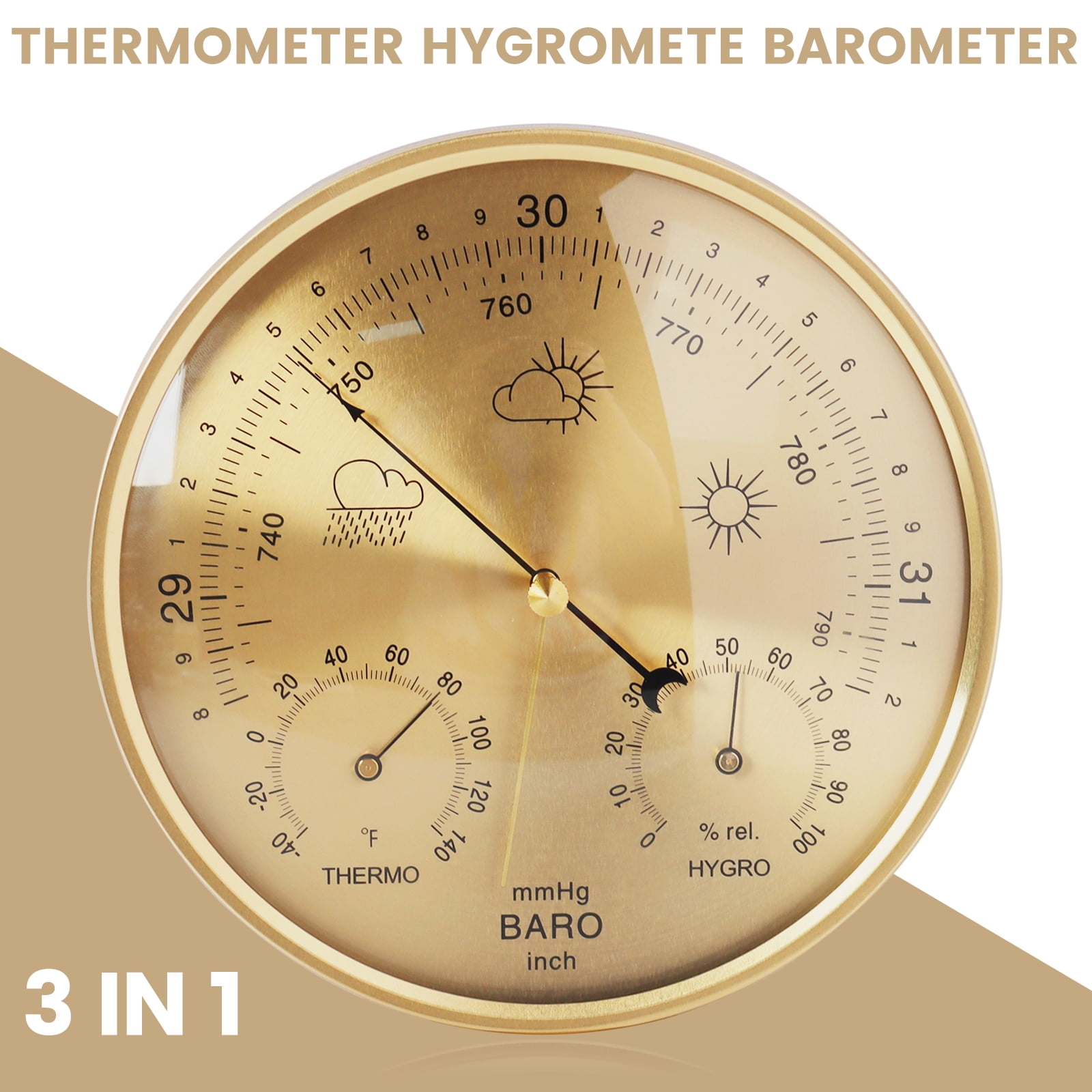3-in-1 All-Season Wall Hanging Thermometer, Barometer, Hygrometer | Accurate Weather Station for Home and Office | Fahrenheit Edition in/Outdoor