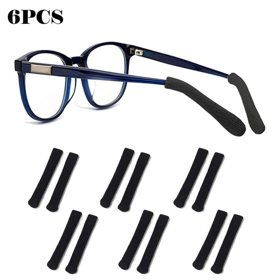 6-piece set of soft knitted cotton ear pads for glasses, including earpiece covers for glasses legs, featuring anti-slip, comfortable, and elastic design, suitable for various glasses, in black