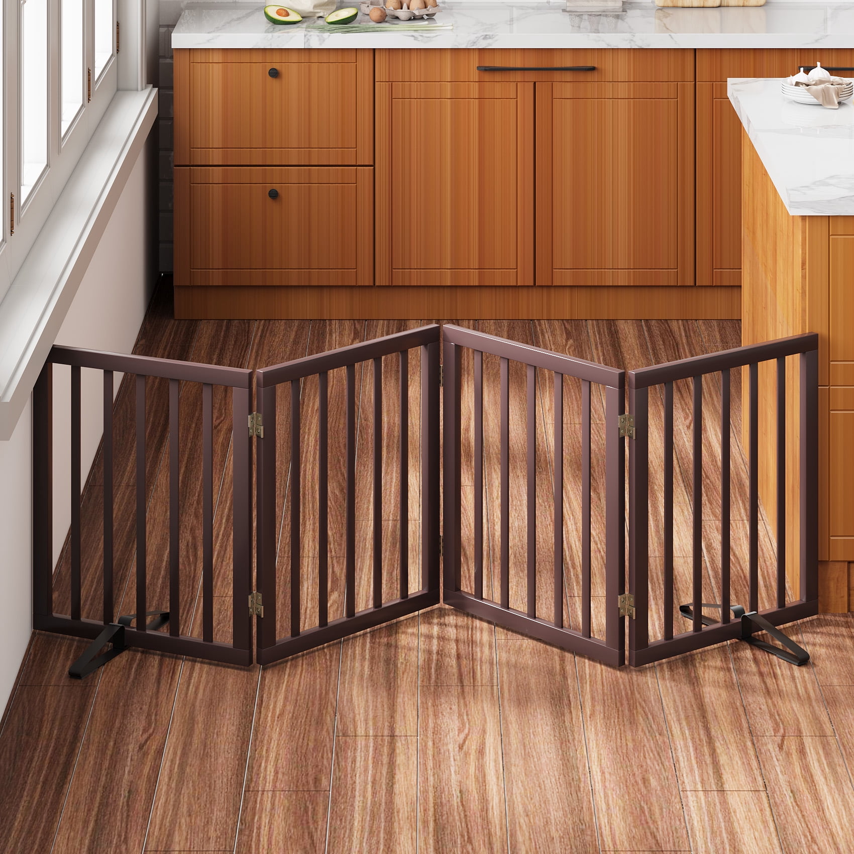 Smuxee Bamboo Freestanding Pet Gate Foldable Dog Gate with Support Feet, Brown, 4 Panel