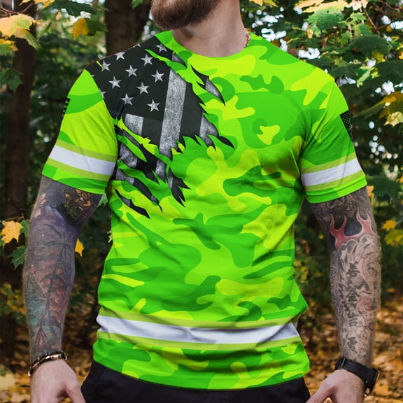 Hi Vis Shirt Reflective Scratch Camo Green Neon US Flag Custom Name Safety Workwear for Workers, Runners, Cyclists, Trucker, Patriotic