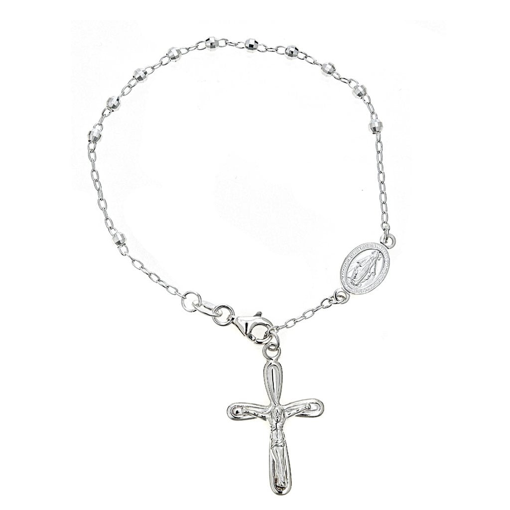 Sterling Silver Rosary 3mm Diamond-Cut Bead Virgin Mary Dangle Cross ...