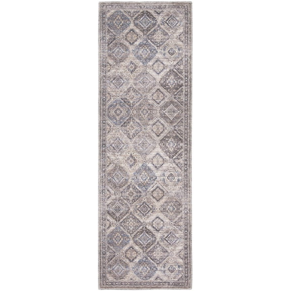 8' Ivory and Tan Floral Power Loom Distressed Washable Runner Rug