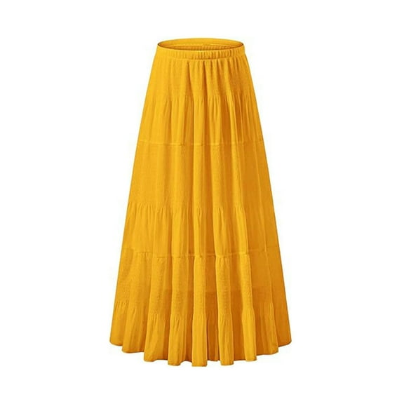 Maean Womens Fall Summer Long Skirts Elastic High Waist Pleated A Line Tiered Boho Maxi Skirt