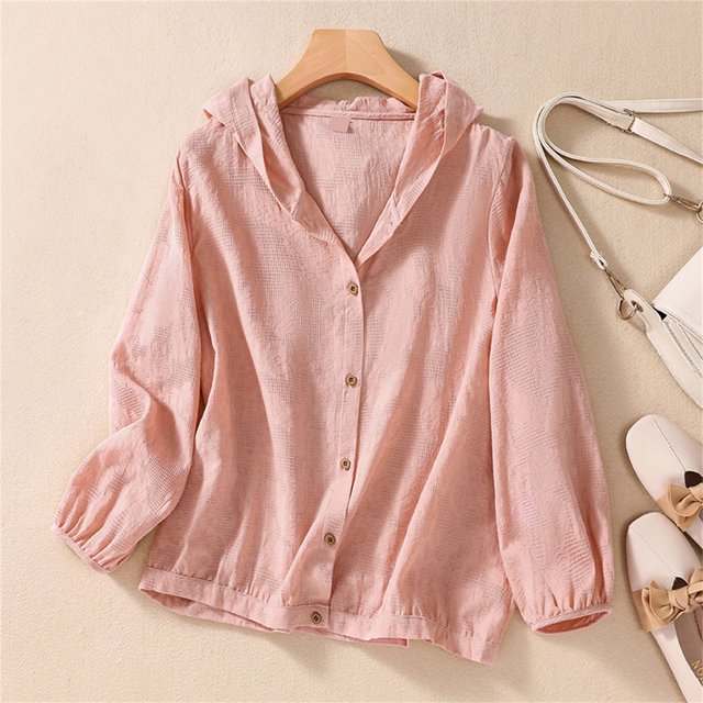RXIRUCGD Womens Long Sleeve Hooded Blouse Solid Color Oversize Tops Cardigan Button, Pink, Size: M