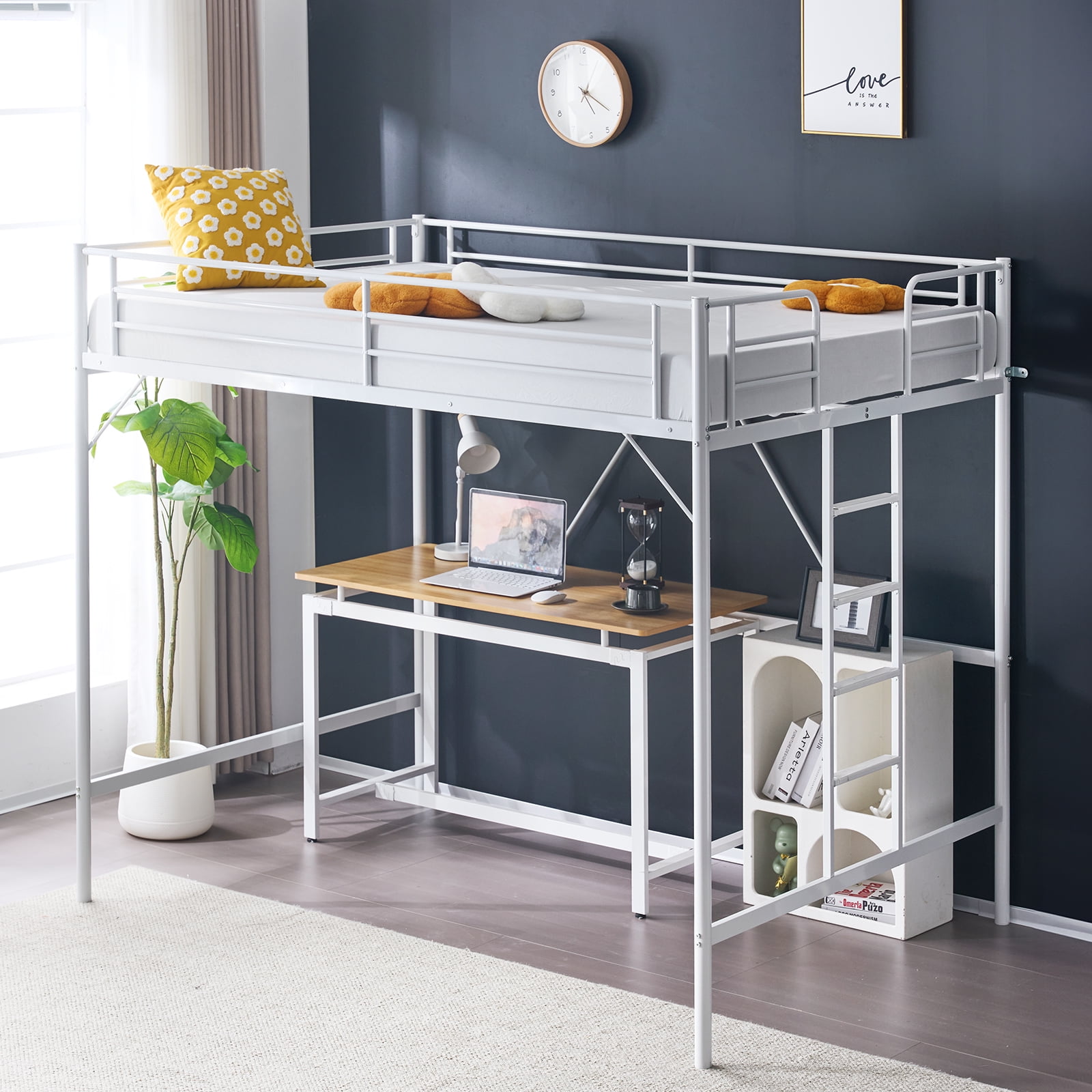 Ktaxon Loft Bed Full Size with Flat Rungs, No Box Spring Required,Heavy Duty Metal Slat Support,White