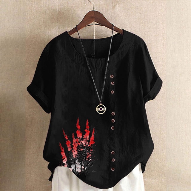 Aqestyerly Haut à Manches Courtes en Solde, T-Shirt Décontracté en Lin à Col Rond Imprimé à Manches Courtes avec Boutons pour Looks Polyvalents/noir(m)