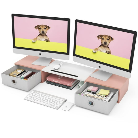 Dual Monitor Stand Riser with Two Drawers