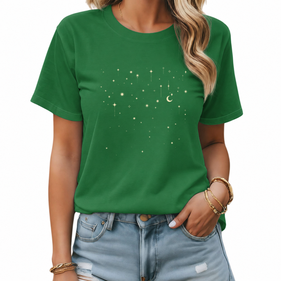 UNISHE Women's Green Celestial Star Graphic Short Sleeve T-Shirt Cotton Crewneck Top