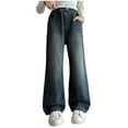 thumbnail image 2 of ATOGUTA Girls Uniform Jeans Size 5T-15 Kids High Waisted Wide Leg Demin Pants Stretch Long Pants with Pockets Blue, 2 of 5