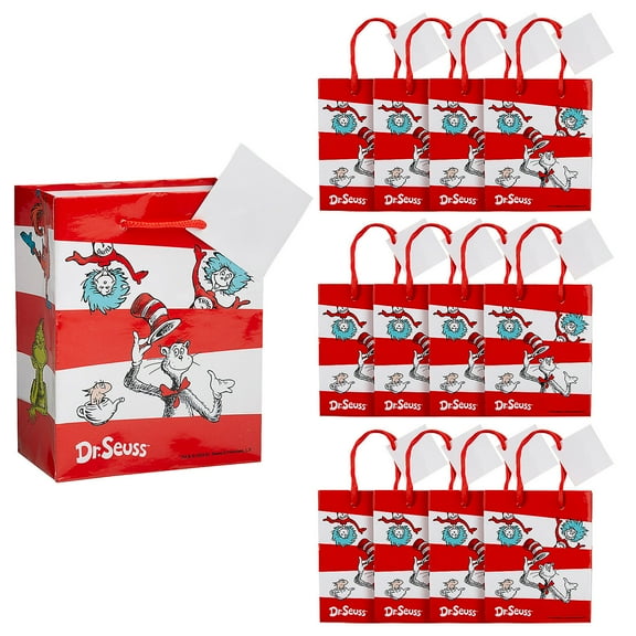 4 1/4" x 5 1/2" Small Dr. Seuss The Cat in the Hat Paper Gift Bags with Tags - 12 pieces