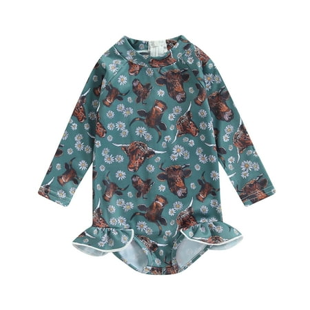 

woshilaocai Toddler Baby Girl Long Sleeve Swimsuit One Piece Western Cow Print Zipper Rashguard Swimwear Bathing Suit Sunsuit