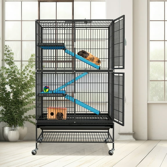SAEWUD 56" 4-Level Ferret Cage with Wheels – Multi-Tier Small Animal House for Ferrets, Rabbits, Chinchillas & Rats, Removable Trays, Easy Access Doors, Indoor Pet Habitat