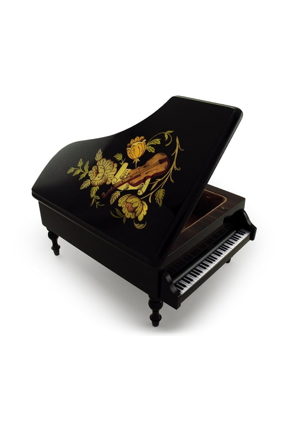 Gorgeous 30 Note Black Lacquer Grand Piano with Violin & Floral Inlay Musical Jewelry Box - Beauty and the Beast