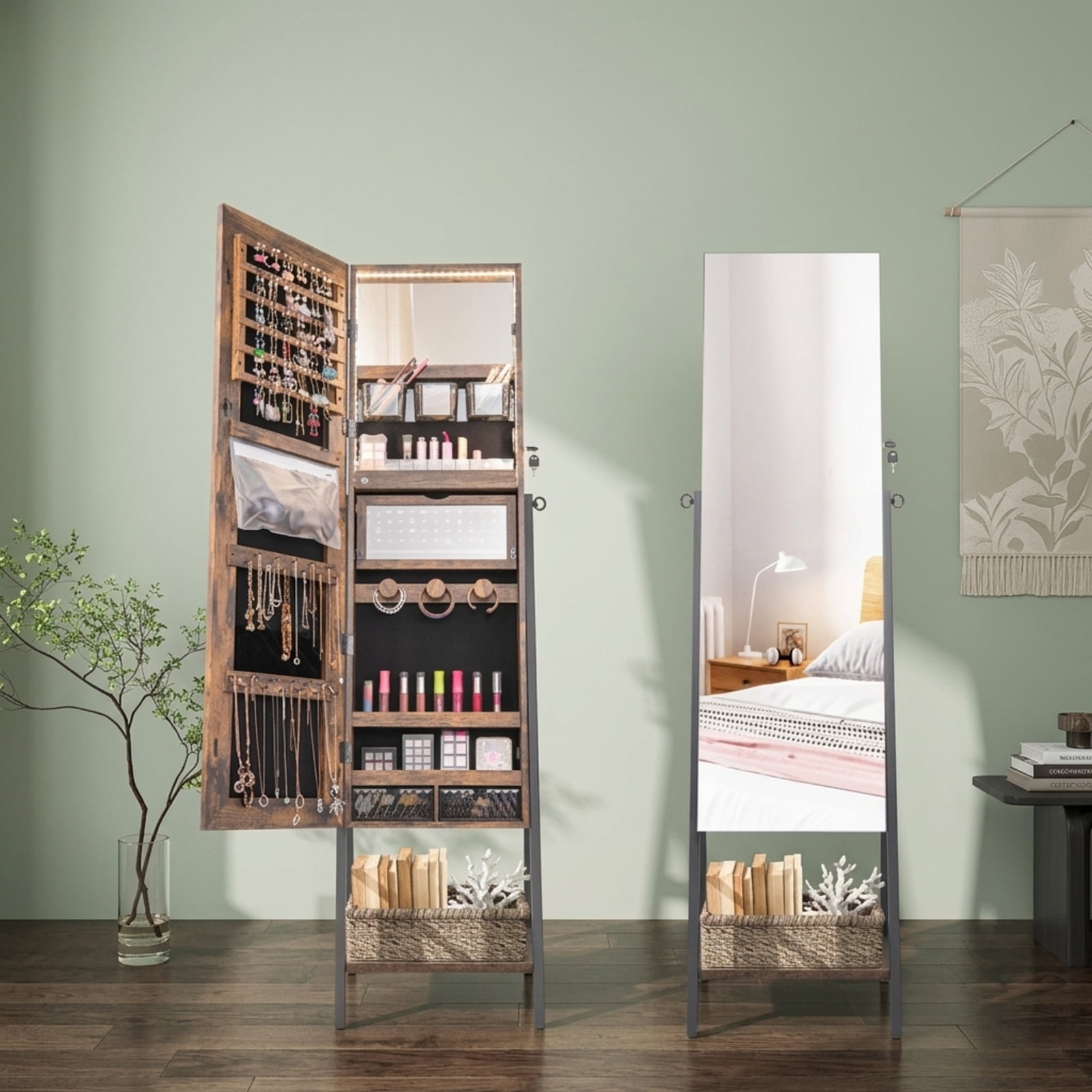 Furnibear Freestanding Jewelry Cabinet with Full-Length Mirror for Bedroom Dressing Room Jewelry Necklace Rings Storage Mirror, Rustic Brown