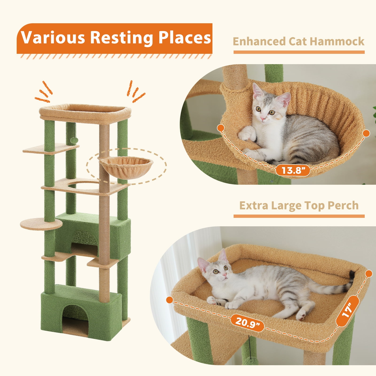 Pefilos 68" Tall Cat Tree Tower for Indoor Big Cats with Extra-Big Top Perch [21'' x 17''], 2 Large Condos, Scratching Post and Cozy Hammock, Green