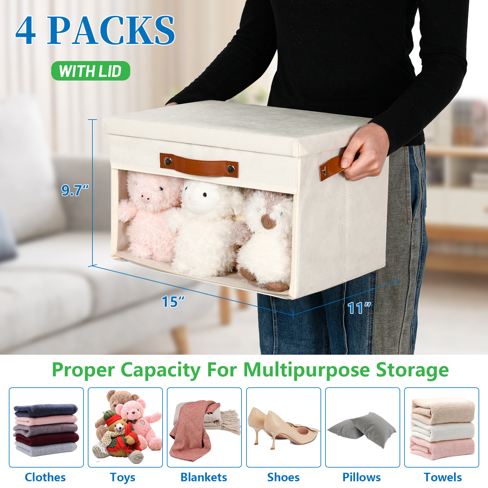 Bidtakay Collapsible Storage Bins with Lid 15 x 11 x 9.7 inch 4-Pack Fabric Closet Organizer with Clear Window Storage Baskets for Shelves Organization (Ivory)