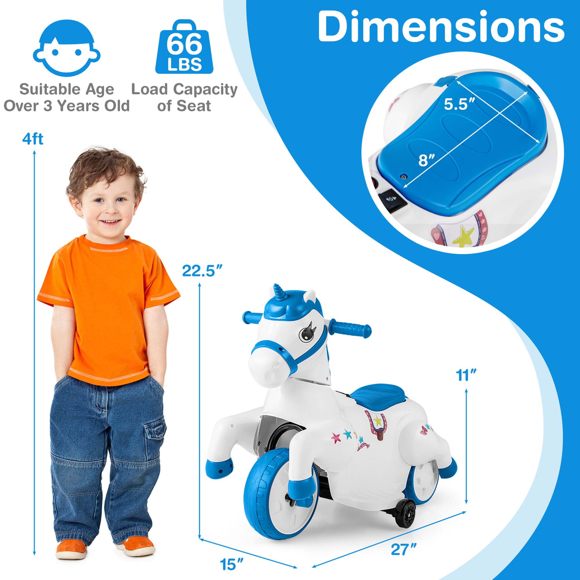 Costway 12V Kids Ride on Unicorn Toy with Training Wheels Music One-button Start Horse Toy Blue