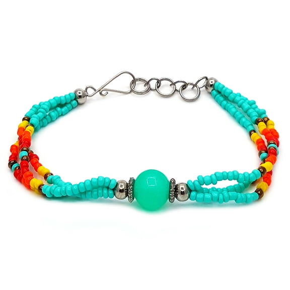 Native Inspired Tumbled Round Gemstone Crystal Ball Multicolored Seed Beaded Multi Strand Bracelet - Womens Tribal Fashion Handmade Jewelry Boho Accessories