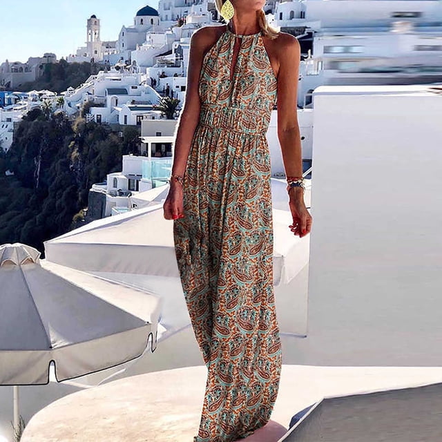 SMihono Robe Maxi Bohème d'Été pour Femmes Grande Taille, Robe Maxi Sans Manches à Col Licou pour Femmes, Robe Longue Décontractée pour Dames de Style Ethnique à Imprimé, Dos Nu, Taille Haute, Robe de Plage Évasée