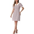 thumbnail image 2 of INSPIRE CHIC Peter Pan Collar Dresses for Women's Plaid Puff Short Sleeve Mini Tweed Dress M Pink, 2 of 6
