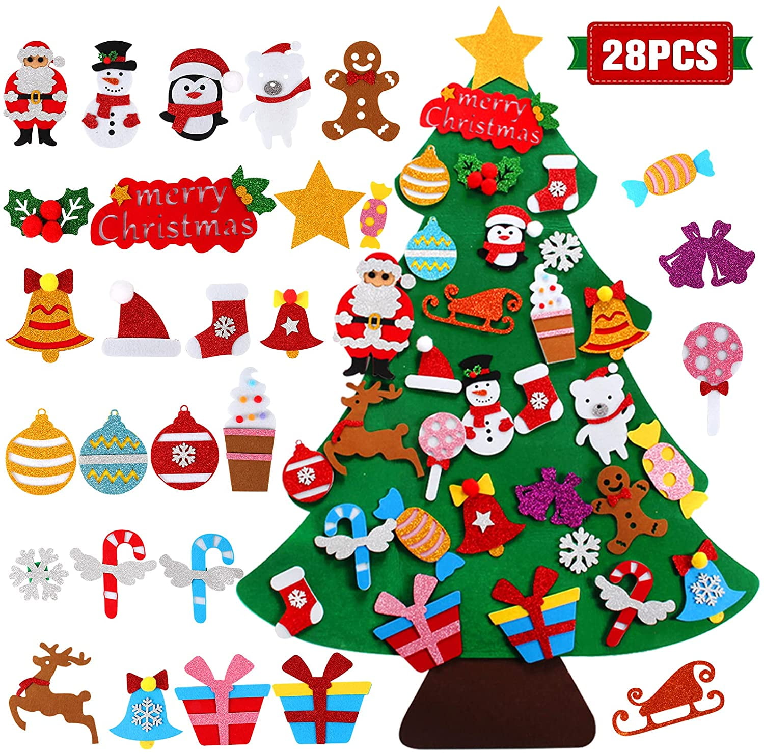 DIY Felt Christmas Tree Set 28pcs Detachable Ornaments Kids Wall Hanging Gift