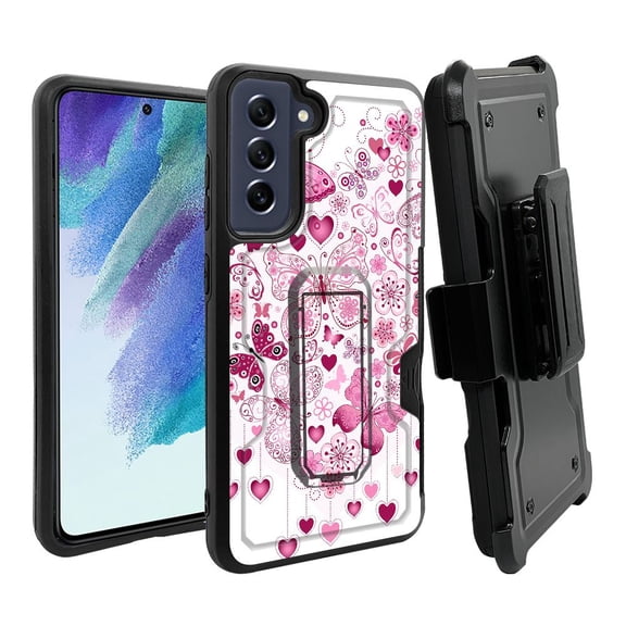 ANJ  Rugged Dual Layer Shockproof Holster Case w/Card Slot, Kickstand   Tempered Glass for Samsung Galaxy S21 FE 5G - Butterfly Hearts