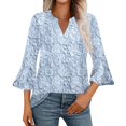thumbnail image 2 of Women's Long Sleeve T-shirt 3/4 Length Sleeve Womens Tops V Neck Spring Shirts 2025 Petal Bell Sleeve Plus Size Boho Ethnic Style Tee Shirts,Blue Women's Long sleeve T-shirt XXL, 2 of 6