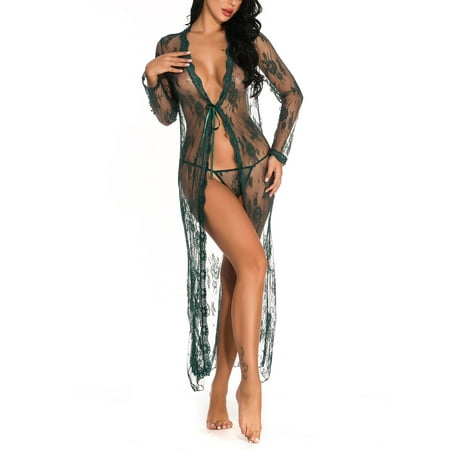 

Women Sexy See Through Lace Gown Kimono Cover Up Sleepwear Set Plus Size Dress Sleeping Dress Gown Robe
