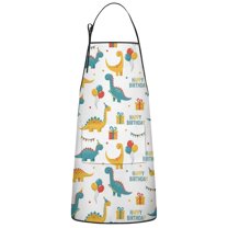 White Cartoon Dinosaurs Birthday Pattern Apron-Garden Aprons for Women with Pockets-Cotton Linen Waterproof Kitchen Cooking Gardening Aprons Adjustable for Kitchen,Cooking,BBQ and Salon 33x27 Inch