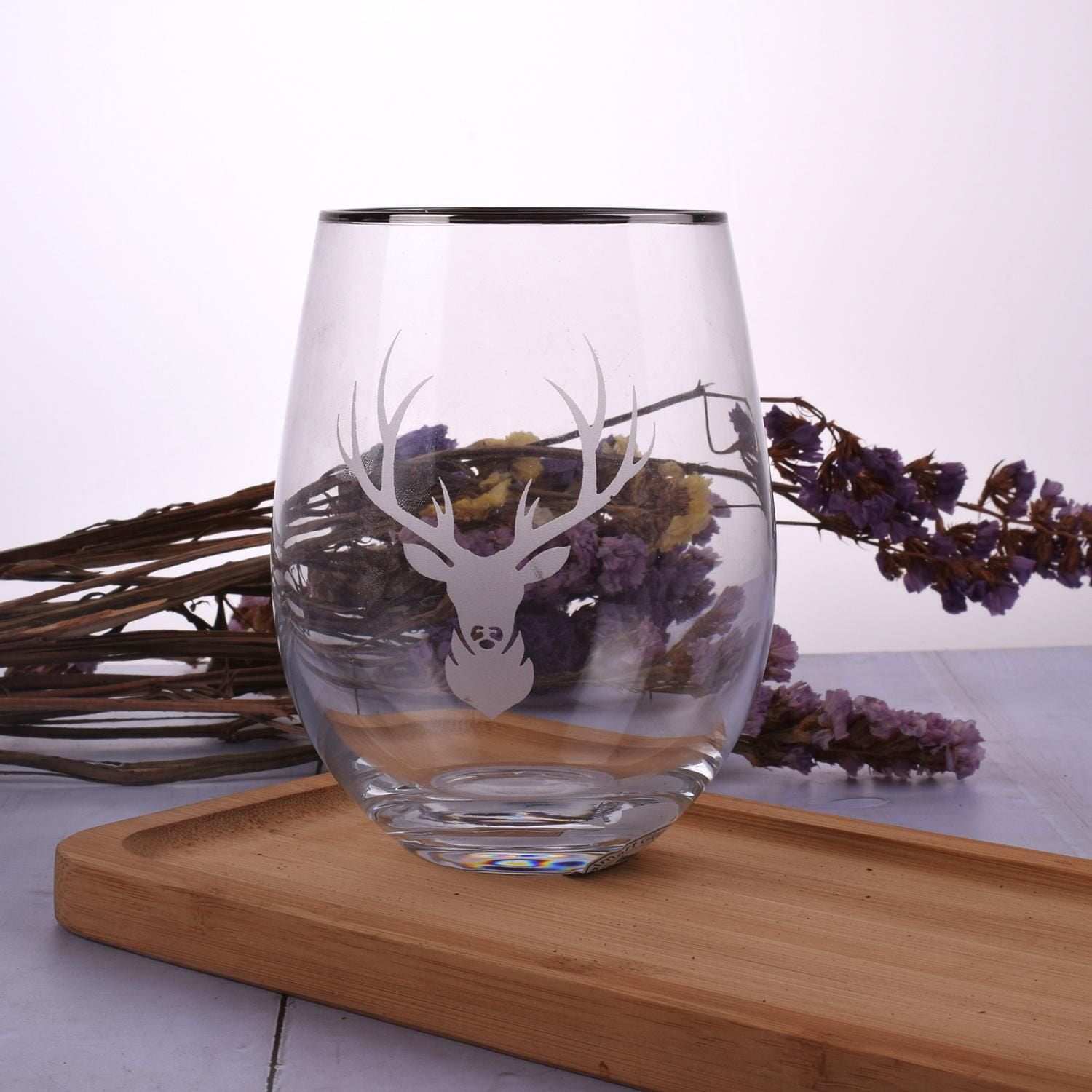Brillant design Clear Stemless Wine Glass/ multi-purpose stemless wine glass- etched reindeer + silver rim