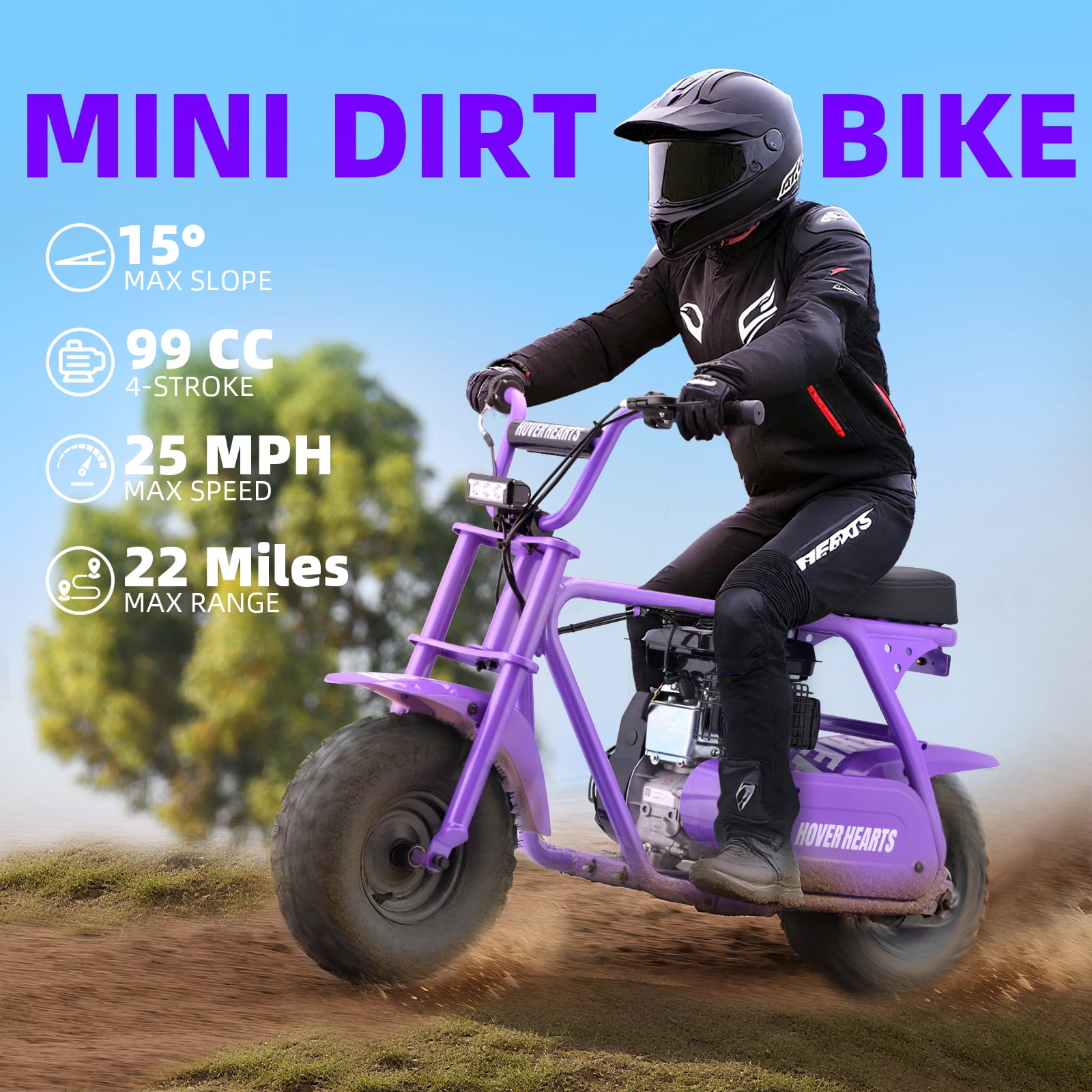Aoemoe MB001 Gas Powered Mini Dirt Bike 99CC for Teens and Adults, 22MPH Off Road Motorcycle, Weight Support Up to 200 LBS - Purple