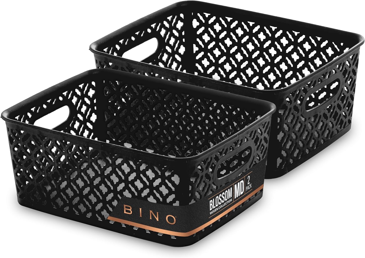 RGHJAR-l Plastic Storage Baskets, Medium - Black | THE BLOSSOM COLLECTION l Multi-Use Organizer Bin l Built-in Handles l Plastic Woven Basket for Organizing l Pantry & Home Organizing Basket