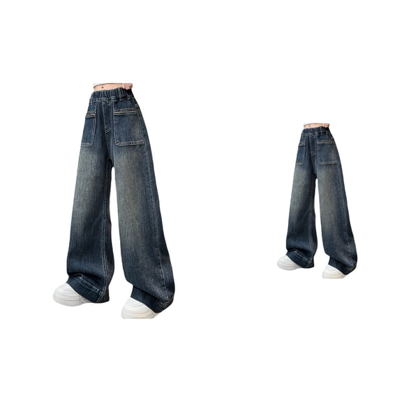 Baggy Jeans for Girls – Wide Leg Elastic High Waist Denim Pants with Multiple Pockets, Casual Distressed Straight Leg Cargo Trousers