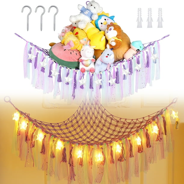 HEQUSIGNS Stuff Animal Toys Storage Net with LED Light, Wall Corner