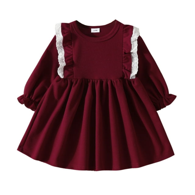 HNMKIU Stylish Toddler Girls Dress Long Sleeve Design Ruffles Ribbed Lace Elegant Solid Color Apparel for Winter Fashion