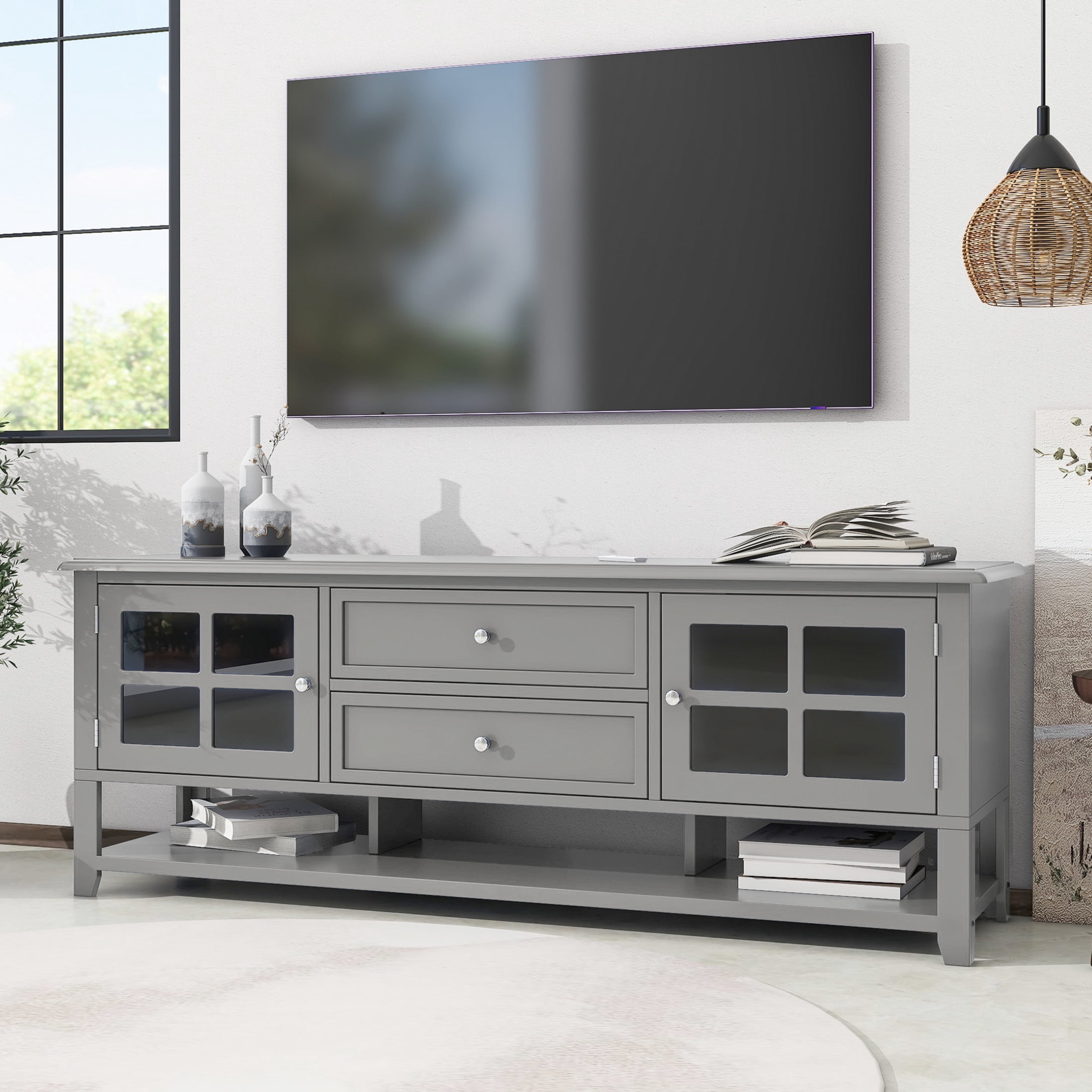 Noble House TV Stand for TVs up to 60 Inch with Dual Drawers, Storage Cabinets, Gray