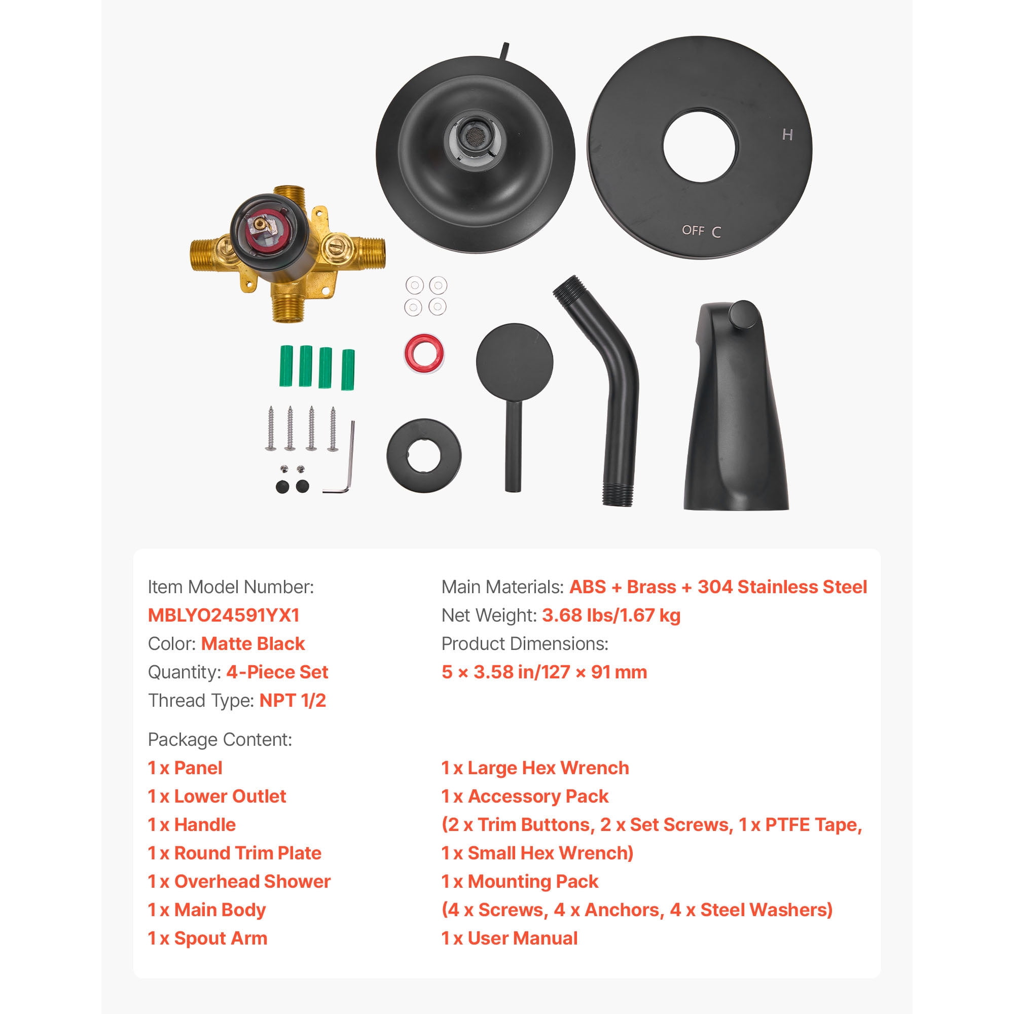 KFFKFF Tub and Shower Faucet Set with 5-Inch Rainfall Shower Head, Bathtub Spout, 8-Spray Adjustable Settings, Single-Handle Trim Kit, and Brass Pressure Balance Valve, Matte Black Finish
