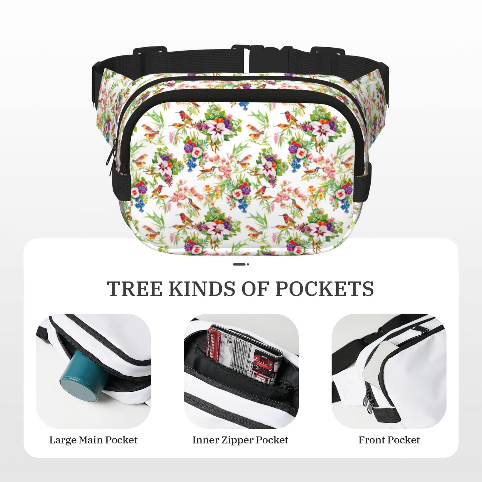 Picia Birds And Flowers Print Square Double-Layer Waist Bag Mini Adjustable Waist Belt Bag Exercise Running Travel Hiking
