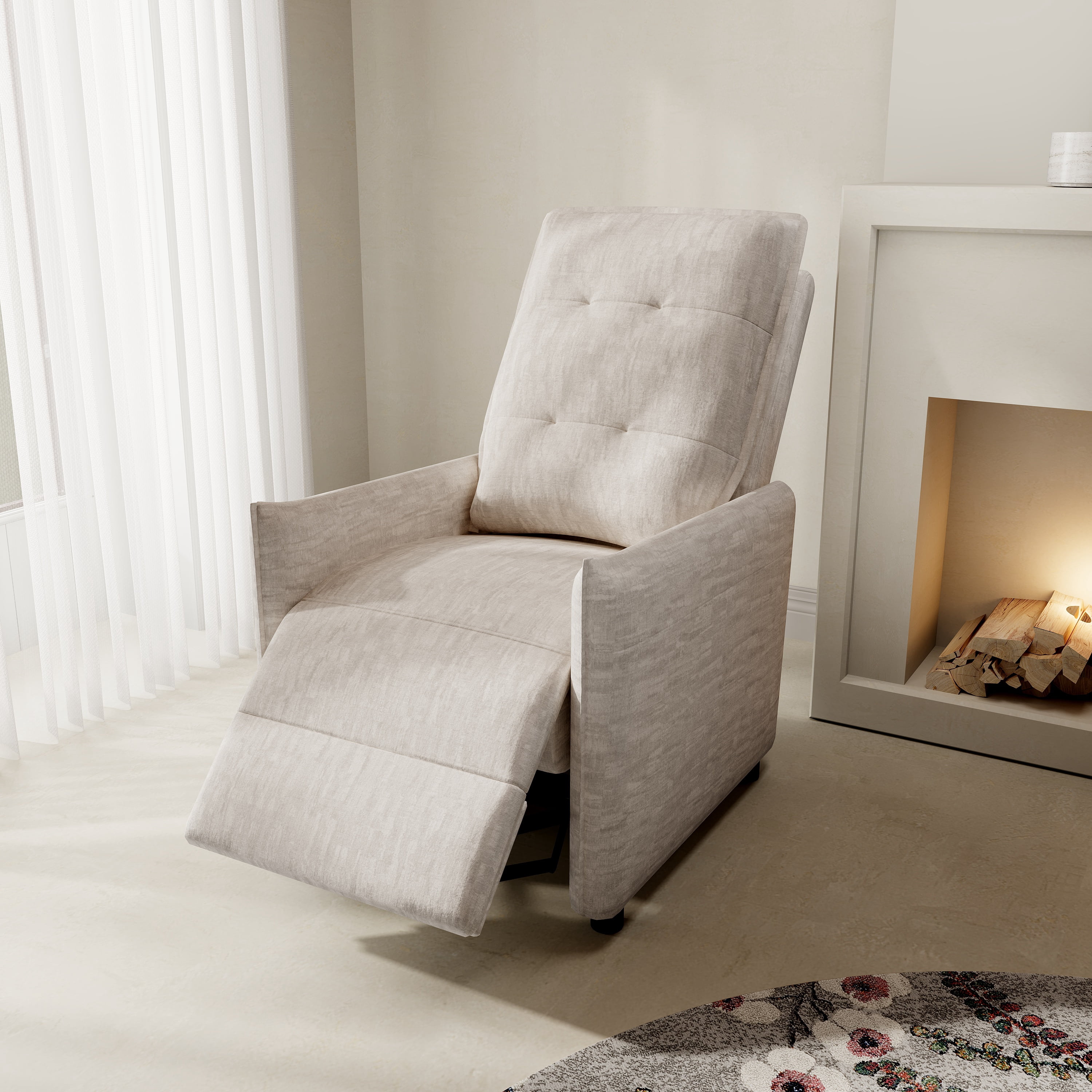 Chenille Fabric Recliner Chair with Manual Push Back Recline, Overstuffed High-Density Foam & Metal Frame, Adjustable Footrest for Living Room, Beige