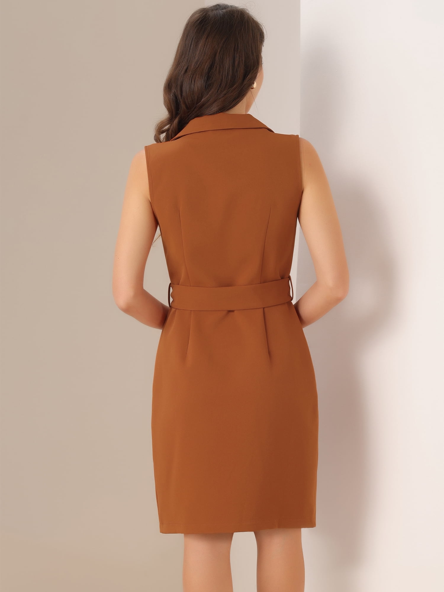 DARING DIVA Sleeveless Notched Lapel Double Breasted Blazer Dresses L Caramel
