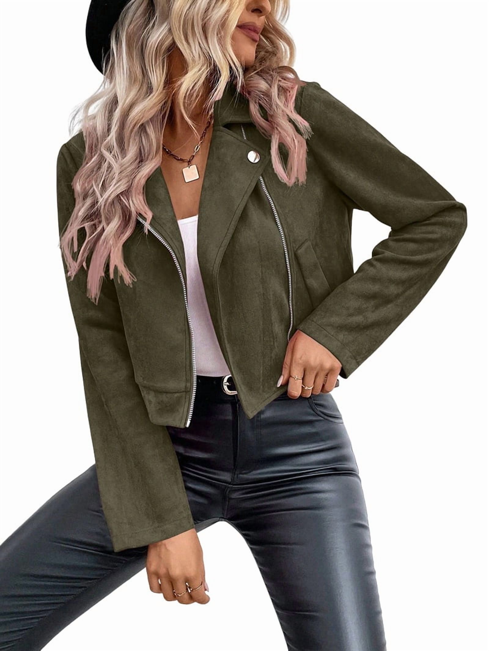Women'S Cropped Zipper Long Sleeve Suede Faux Leather Blazer Jacket Autumn Fashion Outerwear Green M